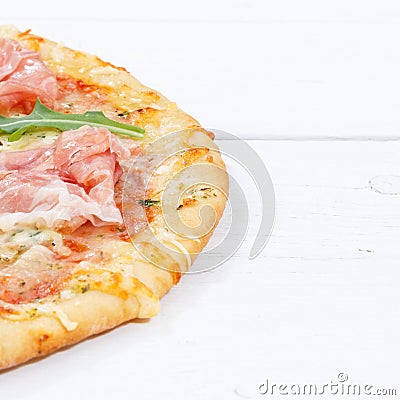 Ham pizza prosciutto copyspace copy space square on wooden board Stock Photo