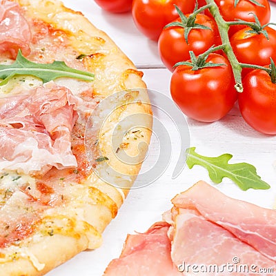 Ham pizza prosciutto square close up baking ingredients on wooden board Stock Photo