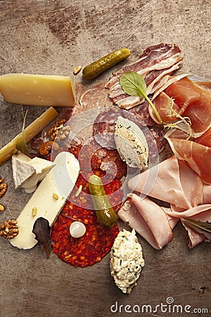 Salami, sliced ham, bacon and cheeses Stock Photo