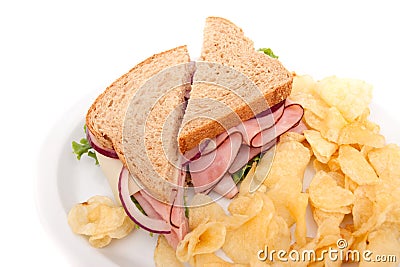 Ham sandwich platter with potato chips Stock Photo