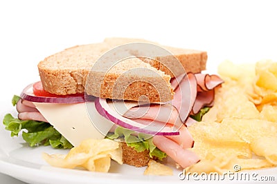 Ham sandwich platter with potato chips Stock Photo