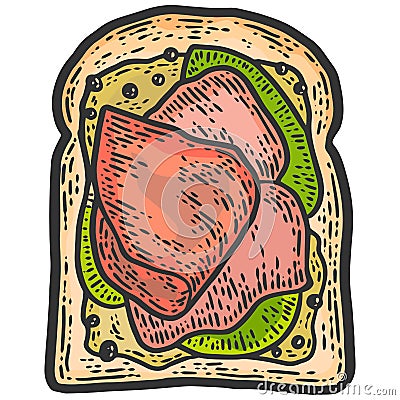 Ham sandwich. Sketch scratch board imitation. Color picture vector. Vector Illustration