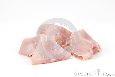 Ham slices, cooked, on white, Stock Photo