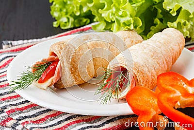 Ham and Swiss Cheese Roll-up: ketogenic diet Snack or lunch item Stock Photo