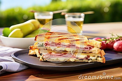 ham and swiss sandwich with a bite taken out on a picnic table Stock Photo