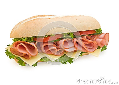 Ham & Swiss sub sandwich on white background Stock Photo