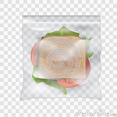 Ham and vegetable sandwich in transparent sealed plastic zoplock bag Vector Illustration