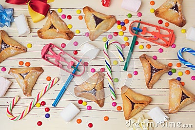 Hamantaschen cookies with candy. View from above Stock Photo