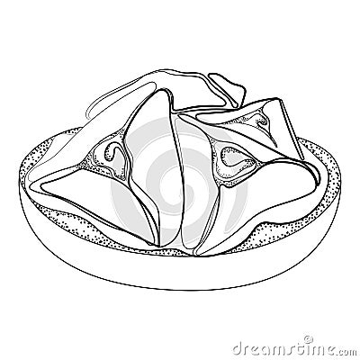 Hamantaschen cookies in plate Line art drawing vector illustration.Traditional treats for the Jewish festival of Purim Vector Illustration