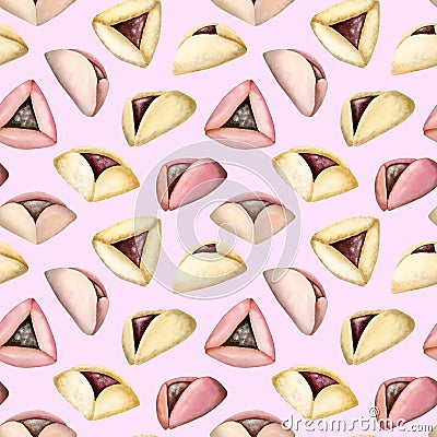 Hamantaschen Purim cookies seamless pattern with watercolor Haman ears dessert on light pink background Stock Photo