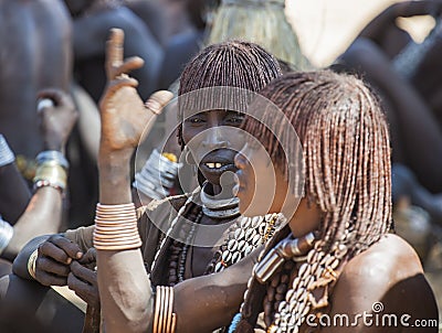 Hamar women at village market. Turmi. Lower Omo Valley. Ethiopia. Editorial Stock Photo