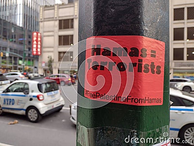 Hamas, Terrorists, Hashtag Free Palestine From Hamas, NYC, NY, USA Stock Photo