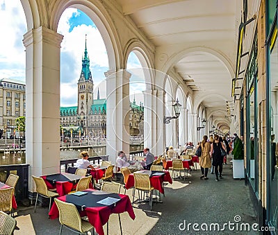 Hamburg city center with coffee shop and town hall, Germany Editorial Stock Photo