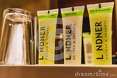 Closeup product shot of shower gel and soap of the Lindner Hotels & Resorts. Editorial Stock Photo