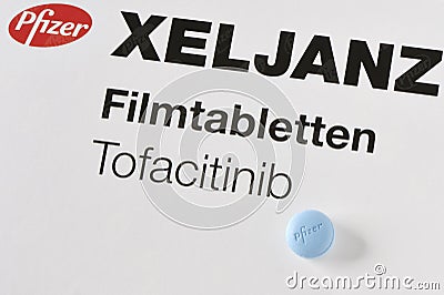 One pack of the Pfizer drug Xeljanz 10mg. On the package is a blue Pill. editorial use only Editorial Stock Photo