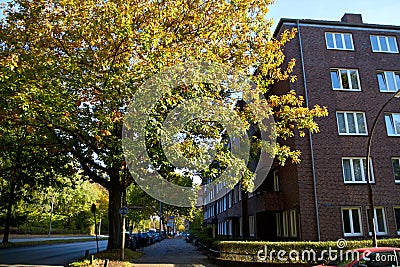 Hamburg, Germany - october 5, 2018: City streets of Germany. Residential buildings and house. Quiet calm streets of the city. Walk Editorial Stock Photo