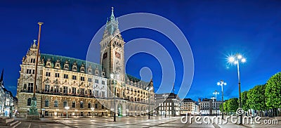 Hamburg Germany, panorama night at Rathaus City Hall Square Stock Photo