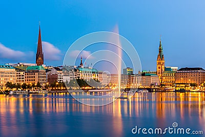 Hamburg Germany Skyline at dusk Stock Photo