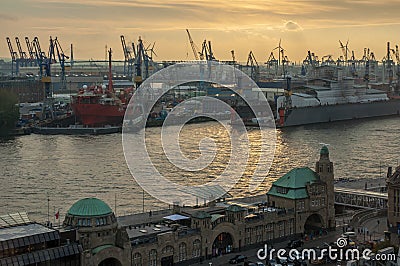 Hamburg harbor in the sunset Stock Photo