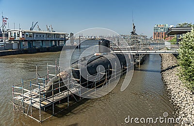 russian submarine anchored and open to the public in hamburg Stock Photo