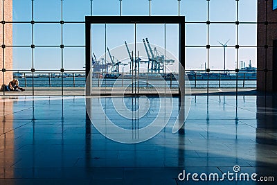 Hamburg port through the office building glass wall Stock Photo