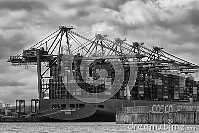 Hamburg port, shipyard, ship, crane, black and white Editorial Stock Photo
