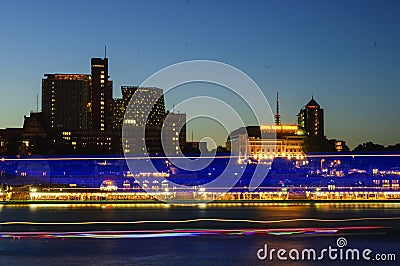 Hamburg harbor at night long exposure of ships Editorial Stock Photo