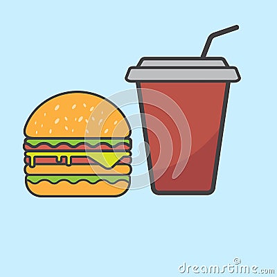 Hamburger and blue paper cup drink. Vector Illustration