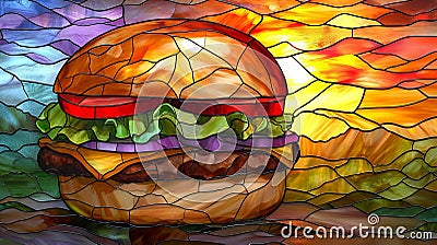 Hamburger, breakfast, stained glass art wallpaper. Stock Photo