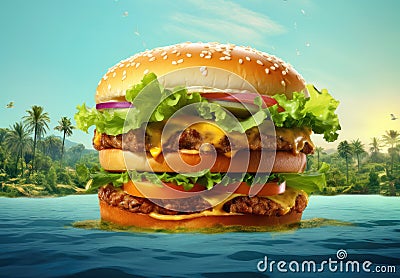 Hamburger or Burger with Cheese and Vegetables as Island in an Ocean Water extreme closeup. Generative AI Stock Photo