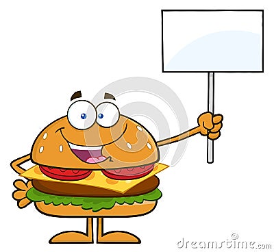 Hamburger Cartoon Character Holding A Blank Sign Vector Illustration