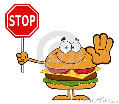 Hamburger Cartoon Character Holding A Stop Sign Vector Illustration