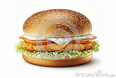 Hamburger cheese chicken burger with sauce and meat on isolated white background Stock Photo