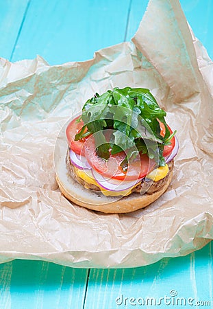 Hamburger cheese onions sauce tomatoes on paper Stock Photo