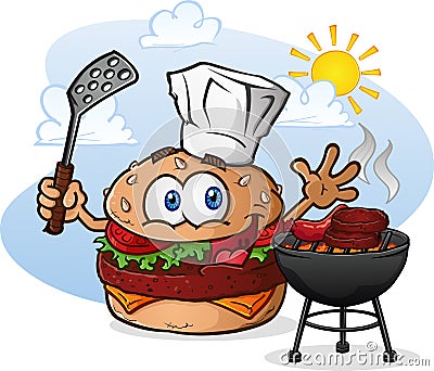 Hamburger Cheeseburger Cartoon Character Grilling with a Chef Hat Vector Illustration