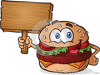 Hamburger Cheeseburger Cartoon Character Holding a Wooden Sign Vector Illustration