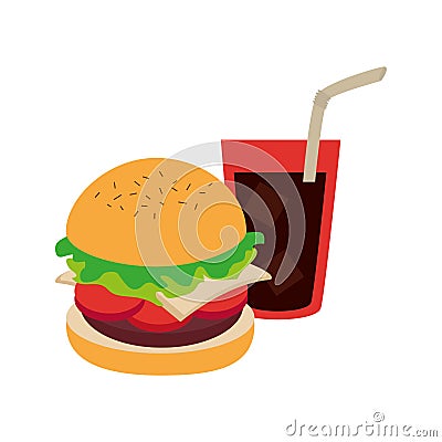 Hamburger with coke soda with straw Vector Illustration