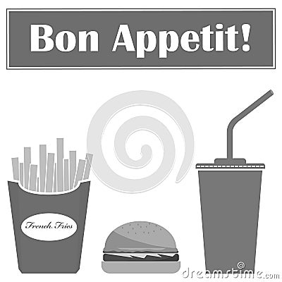 Hamburger, cola and French fries in gray. Fast food Cartoon Illustration