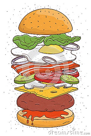 Hamburger concept ingredients. Bun, salad, tomato, cheese, cutlet, egg, bacon, mushrooms, onion, ketchup. Colorful hand Vector Illustration