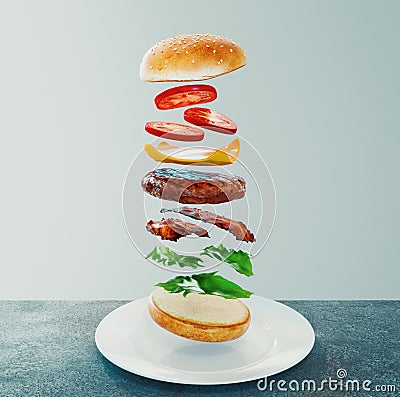 Hamburger. Fast food diet concept, Compulsive overeating and dieting. 3d rendering Stock Photo