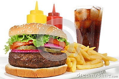 Hamburger fast food meal with french fries & soda Stock Photo
