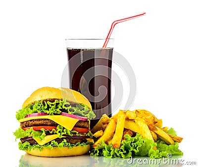 Hamburger, french fries and drink Stock Photo