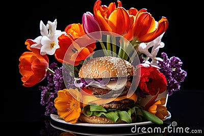 Hamburger with fresh tulip flowers Stock Photo