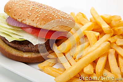 Hamburger and fries Stock Photo