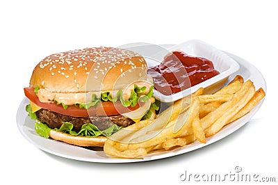 Hamburger with fries Stock Photo