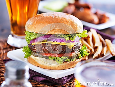 Hamburger with fries Stock Photo