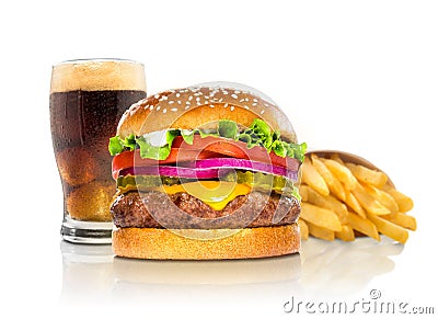 Hamburger fries and a coke soda pop cheeseburger combination deluxe fast food on white Stock Photo
