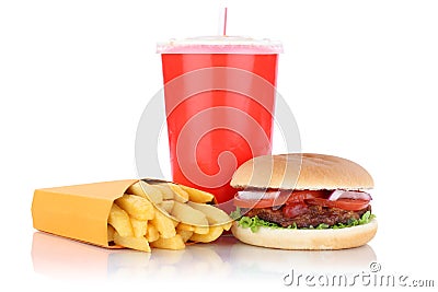 Hamburger and fries menu meal combo fast food drink Stock Photo