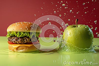 a hamburger and a green apple Stock Photo