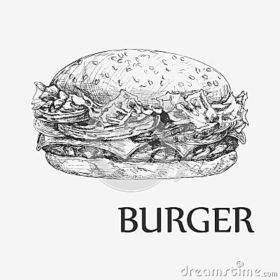 Hamburger. Hand drawn vector llustration. Vintage fast food background Stock Photo